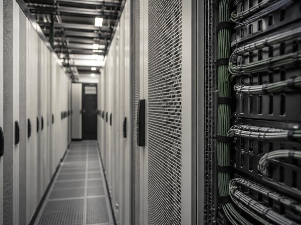 Corredor de data center com racks e cabeamento estruturado
