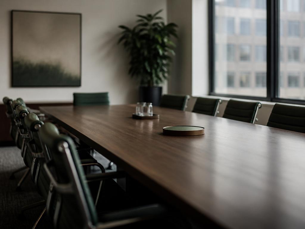 Sala de reuniao de conselho vazia com mesa longa