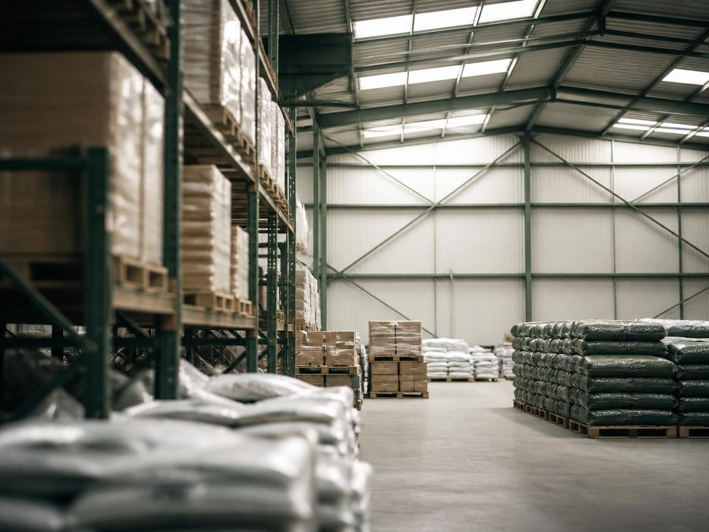 Interior de galpao industrial com estruturas metalicas e porta-paletes