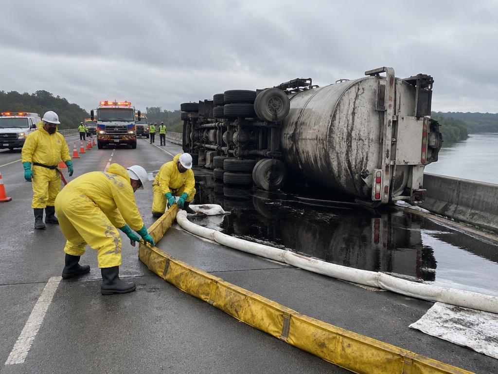 Equipe de emergência ambiental contendo vazamento de caminhão-tanque tombado em ponte