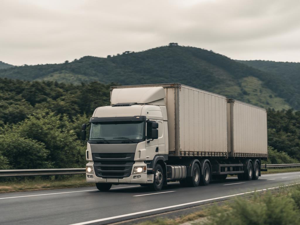 Caminhao com carreta em rodovia sob ceu nublado