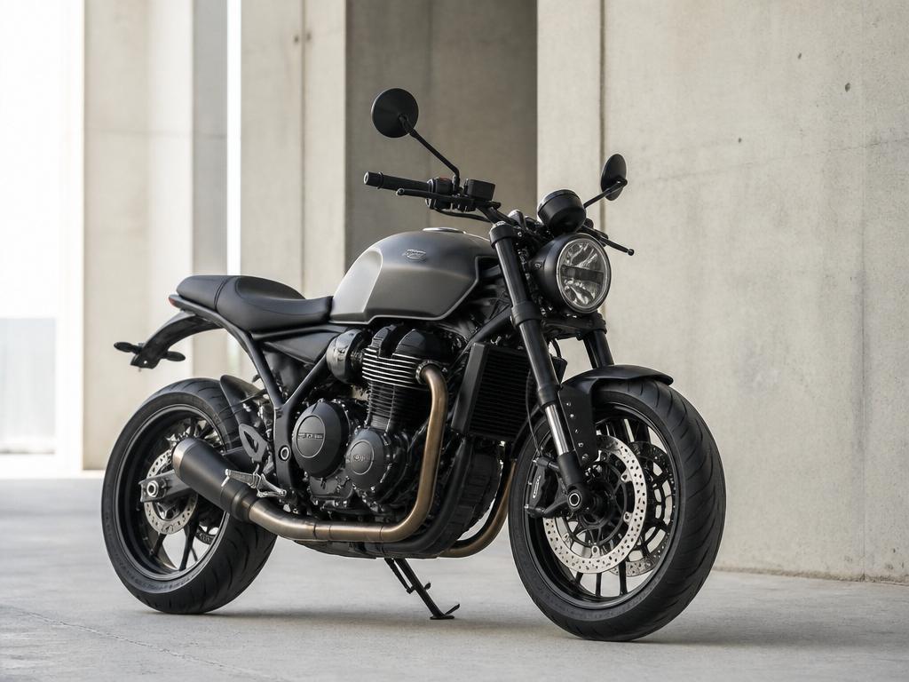 Moto naked de alta cilindrada estacionada em ambiente de concreto