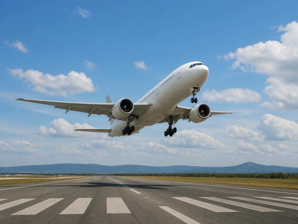 Avião comercial decolando de pista, céu neutro, sem marcas visíveis